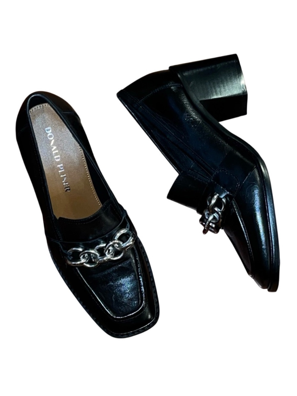 Donald Pilner Black Heel Loafers Kamryn NWOB US 7M Leather Chain Link Silver